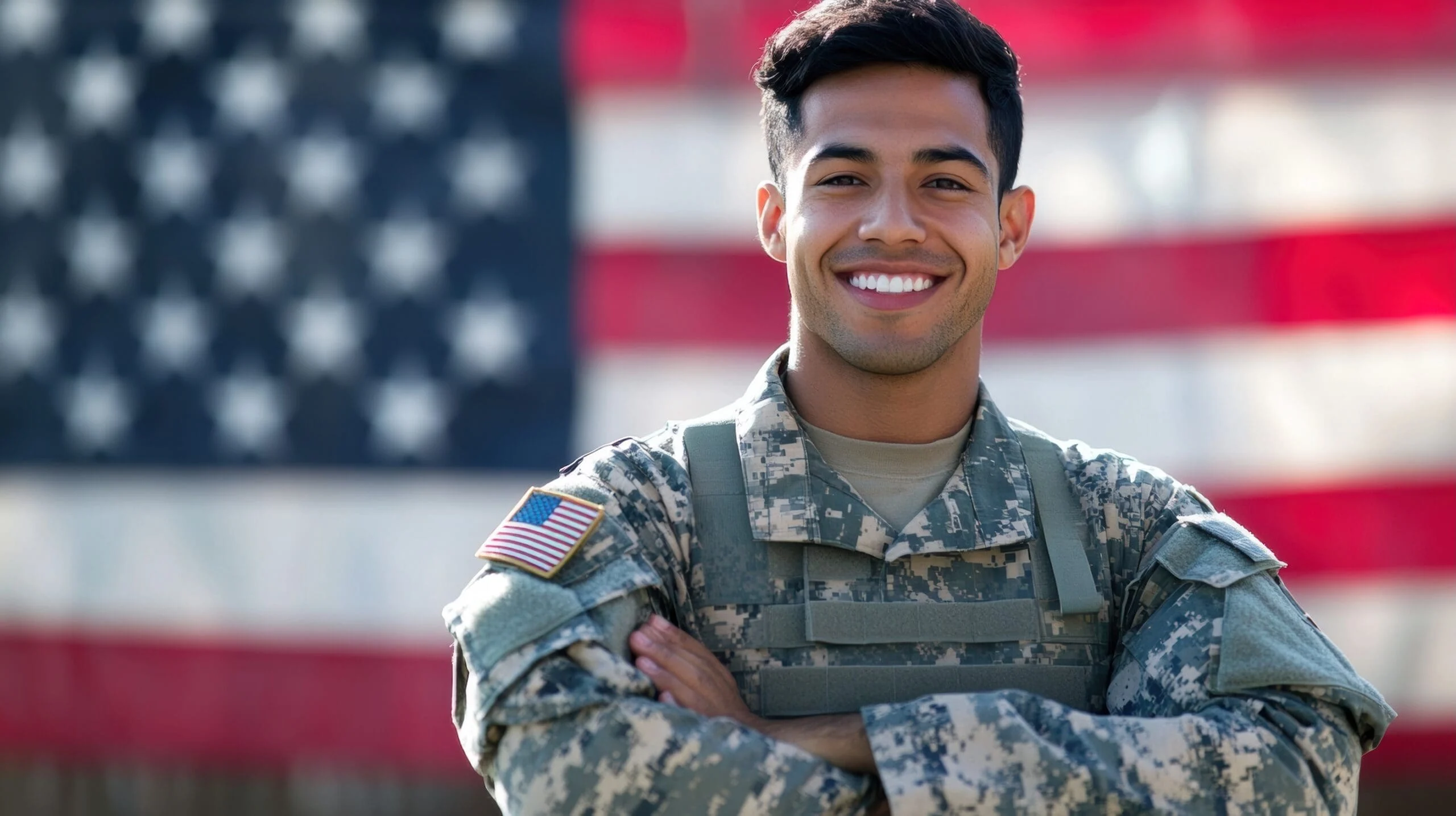 latino soldier posing in front of usa flag
